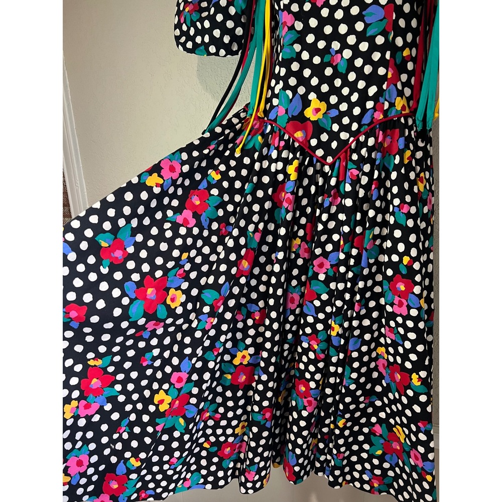 Leslie Lucks Vintage Dress Women 8 Black Floral Polka Dot Excellent Cottagecore - Picture 3 of 10